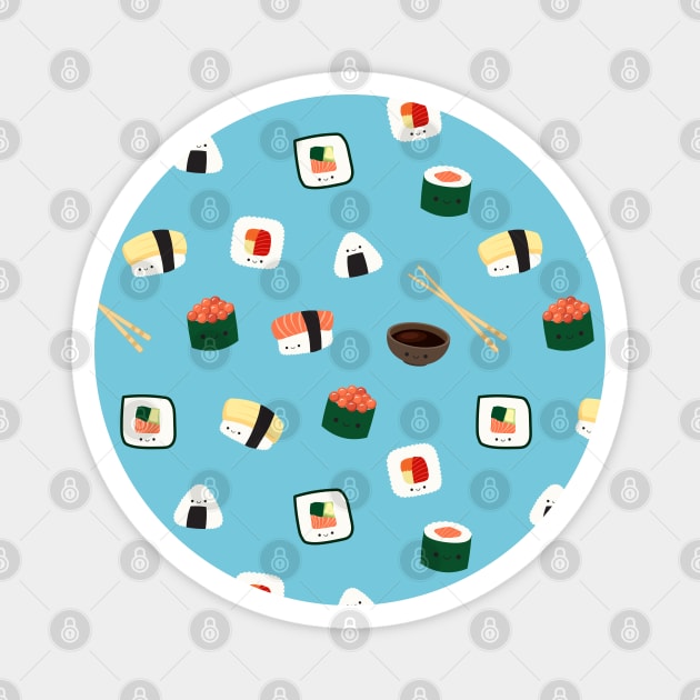 Kawaii sushi pattern blue happy nigiri salmon Magnet by UniFox